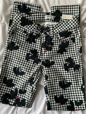 Liu Jo Italy Slim Bottom Up Jeans Black White Gingham Black Floral Print NWT
